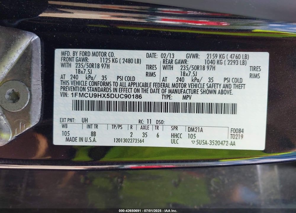 2013 FORD ESCAPE SEL VIN: 1FMCU9HX5DUC90186