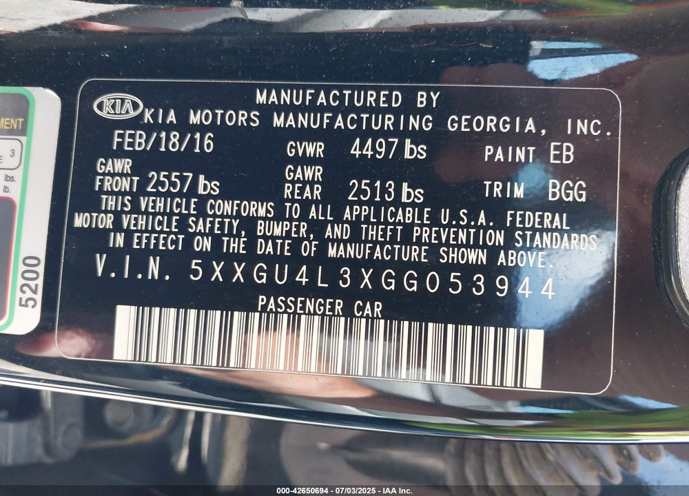 2016 KIA OPTIMA VIN: 5XXGU4L3XGG053944