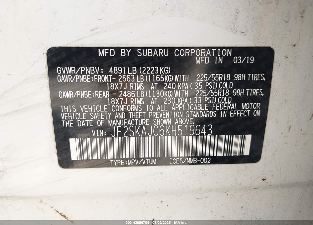 2019 SUBARU FORESTER SPORT VIN: JF2SKAJC6KH519643