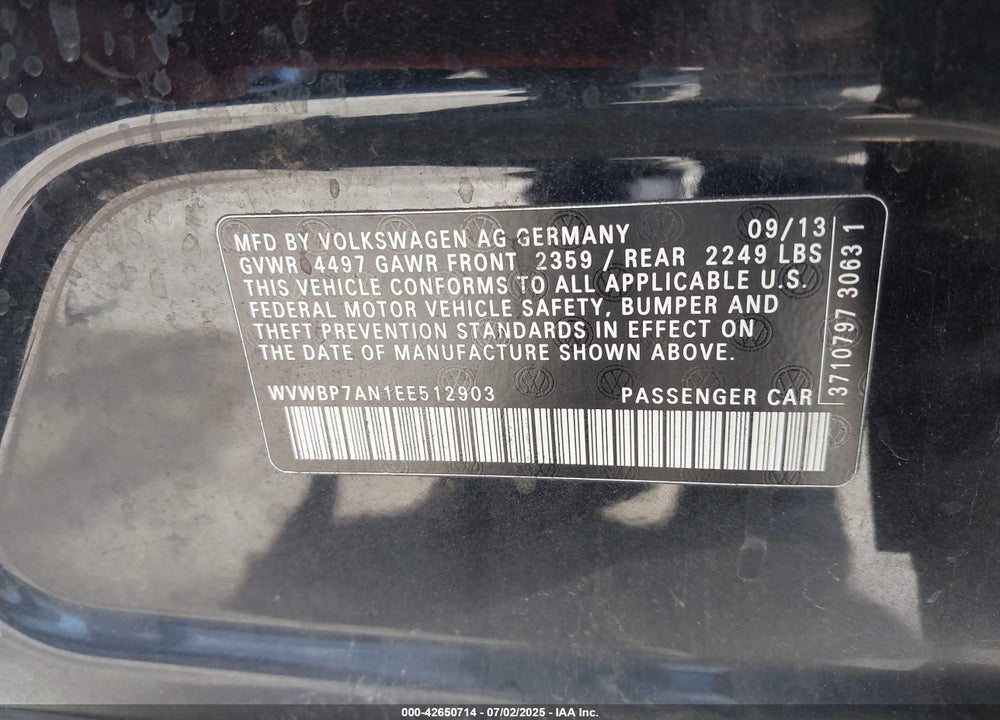 2014 VOLKSWAGEN CC VIN: WVWBP7AN1EE512903