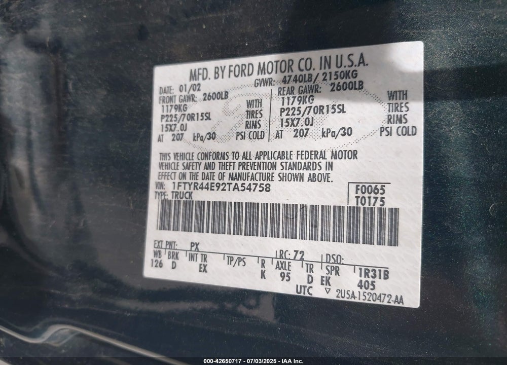 2002 FORD RANGER XLT VIN: 1FTYR44E92TA54758
