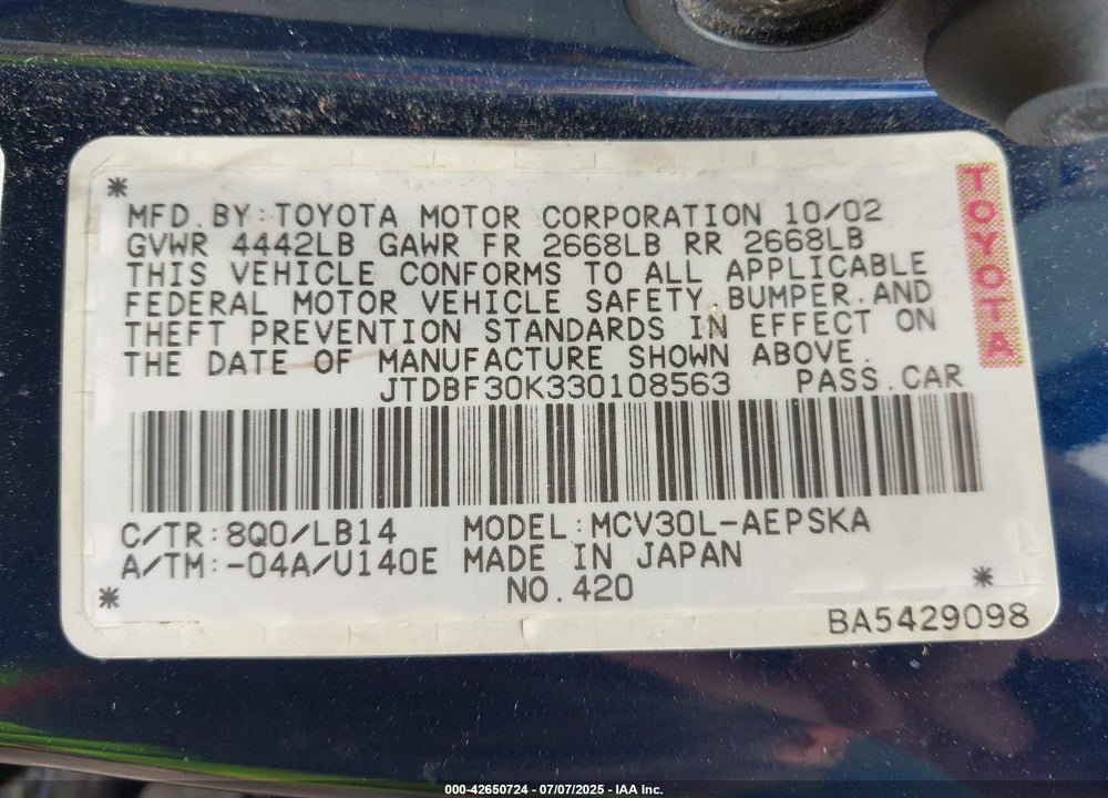 2003 TOYOTA CAMRY SE V6 VIN: JTDBF30K330108563