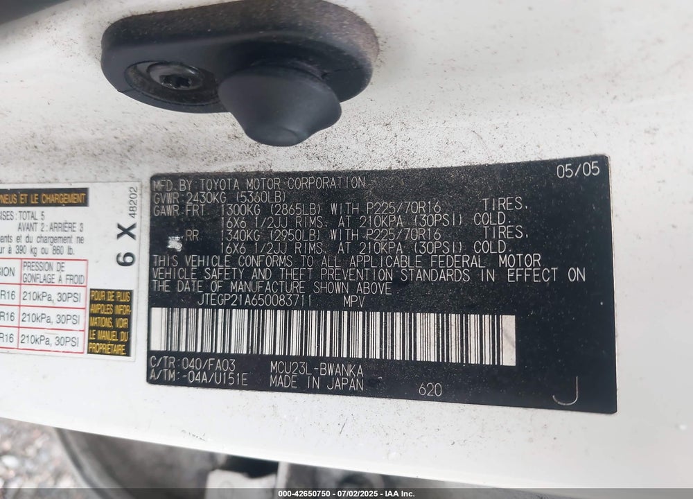 2005 TOYOTA HIGHLANDER V6 VIN: JTEGP21A650083711