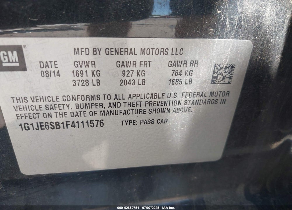 2015 CHEVROLET SONIC LTZ AUTO VIN: 1G1JE6SB1F4111576