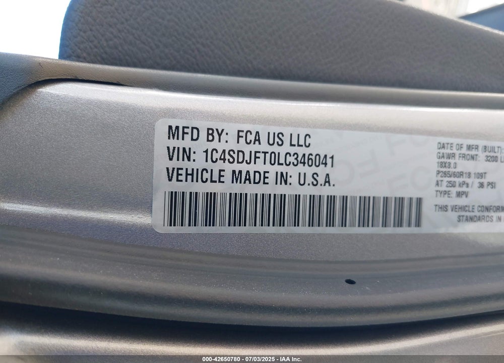 2020 DODGE DURANGO VIN: 1C4SDJFT0LC346041