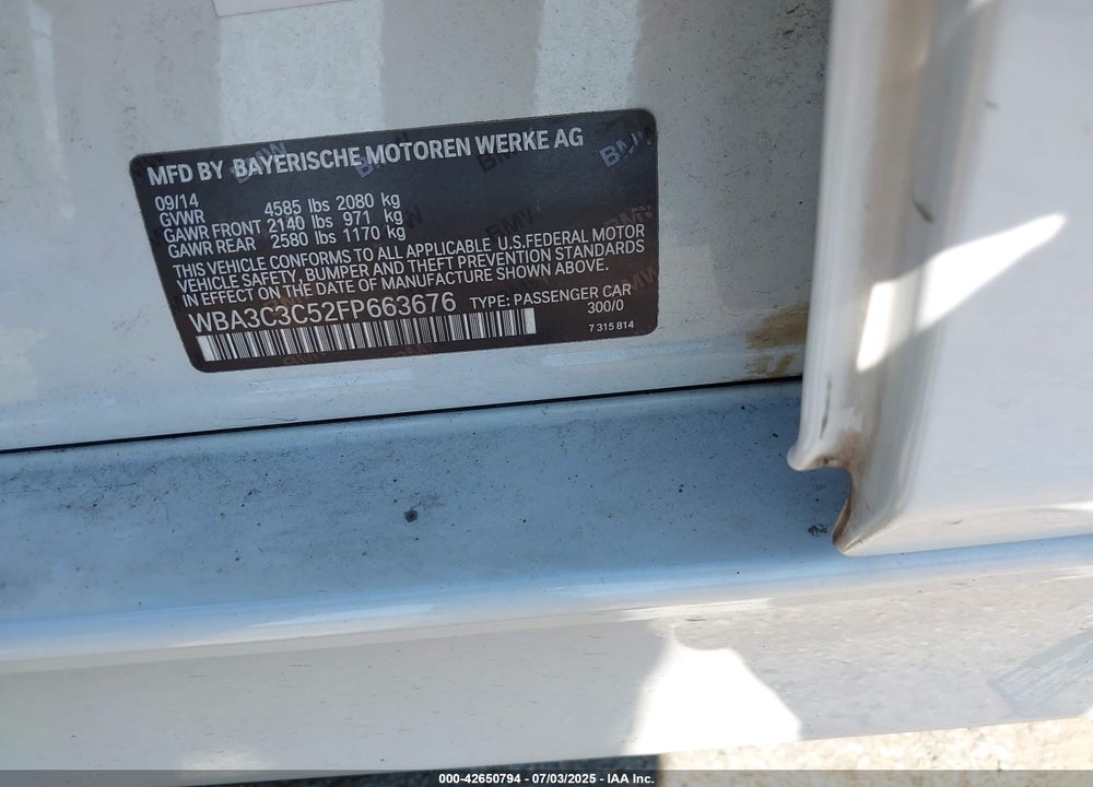 2015 BMW 3 SERIES VIN: WBA3C3C52FP663676
