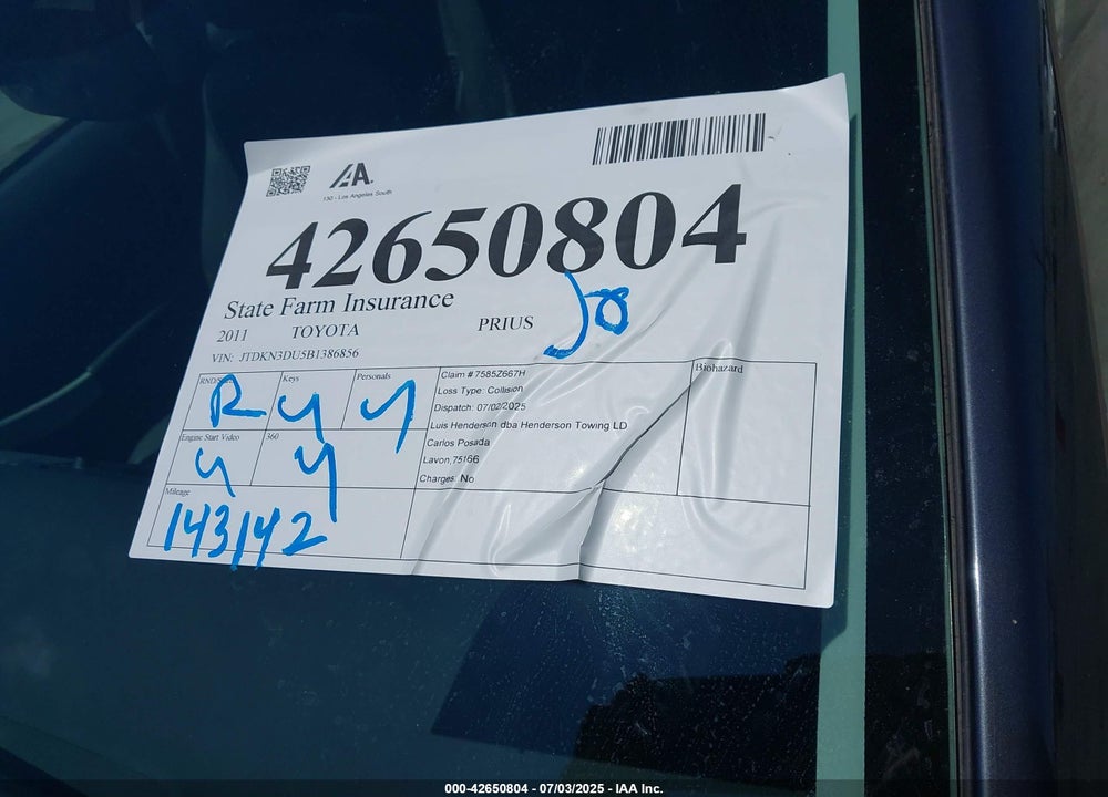 2011 TOYOTA PRIUS FOUR VIN: JTDKN3DU5B1386856