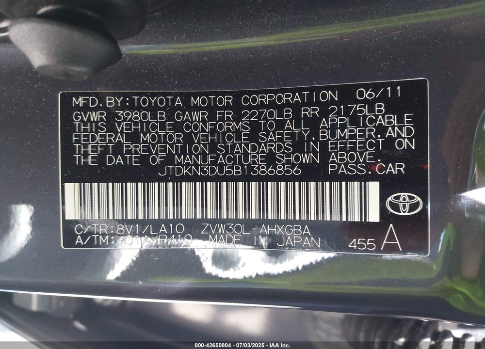 2011 TOYOTA PRIUS FOUR VIN: JTDKN3DU5B1386856