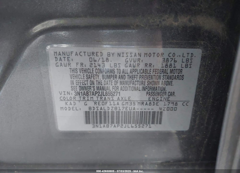 2018 NISSAN SENTRA VIN: 3N1AB7AP2JL655271