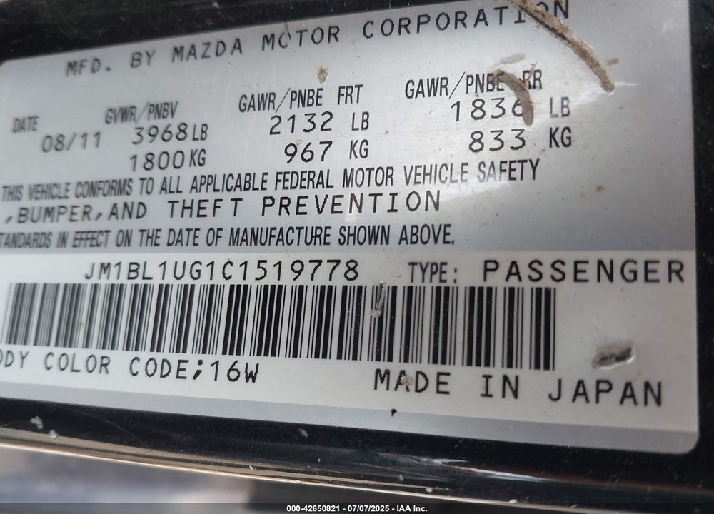 2012 MAZDA 3 VIN: JM1BL1UG1C1519778