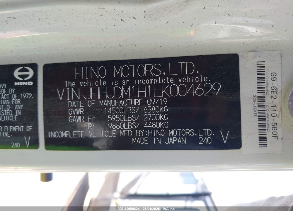 2020 HINO XJC710/XFC710 VIN: JHHUDM1H1LK004629