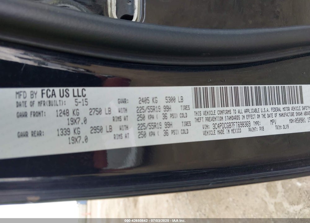 2015 DODGE JOURNEY CROSSROAD VIN: 3C4PDCGB7FT698369