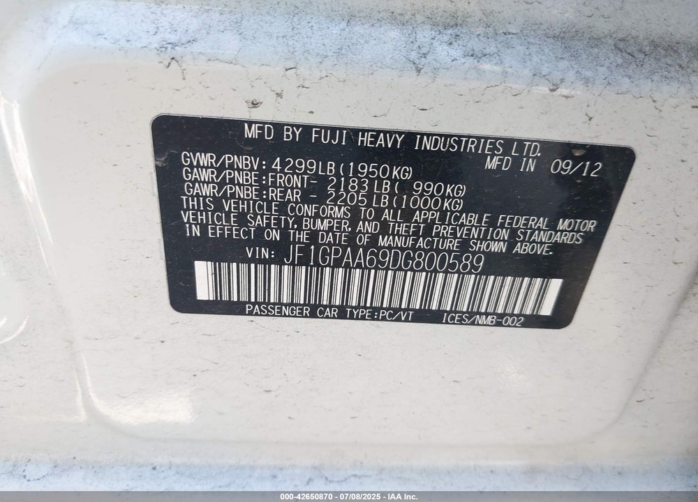 2013 SUBARU IMPREZA 2.0I VIN: JF1GPAA69DG800589