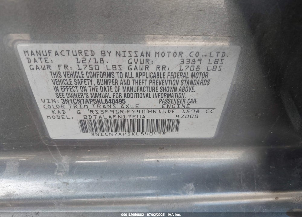 2019 NISSAN VERSA VIN: 3N1CN7AP5KL840495