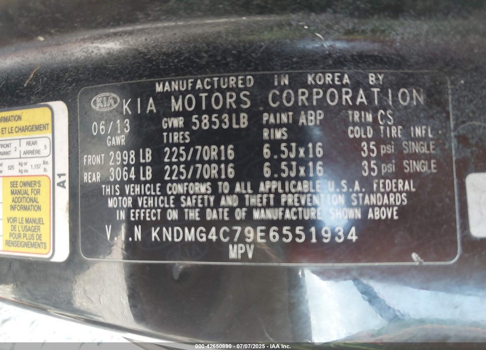 2014 KIA SEDONA VIN: KNDMG4C79E6551934