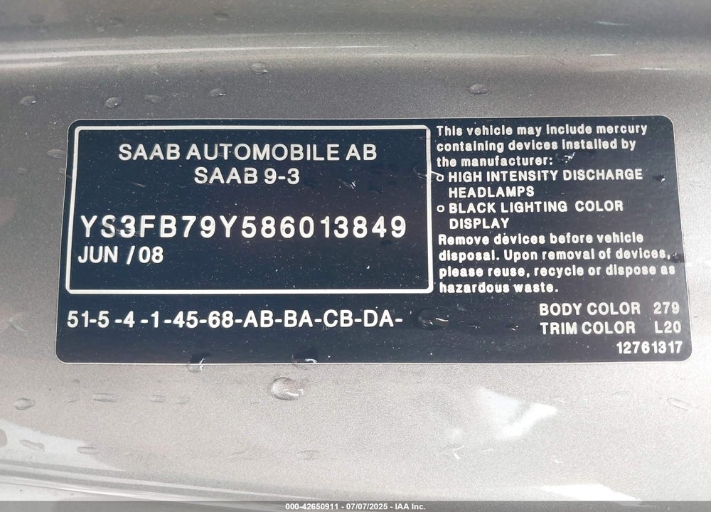 2008 SAAB 9 3 VIN: YS3FB79Y586013849