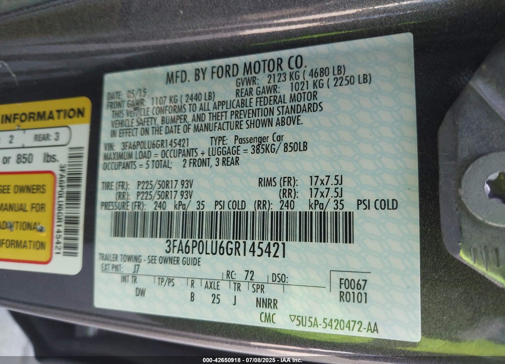 2016 FORD FUSION HYBRID VIN: 3FA6P0LU6GR145421