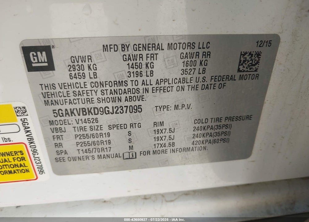 2016 BUICK ENCLAVE VIN: 5GAKVBKD9GJ237095