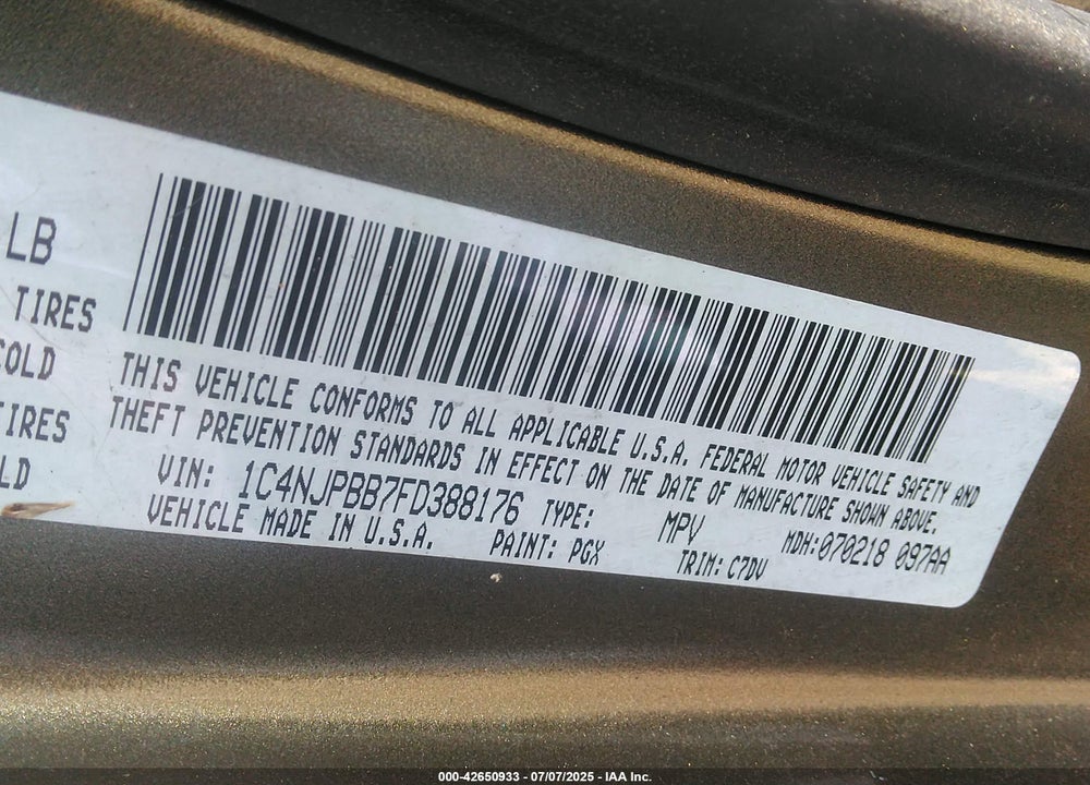 2015 JEEP PATRIOT VIN: 1C4NJPBB7FD388176