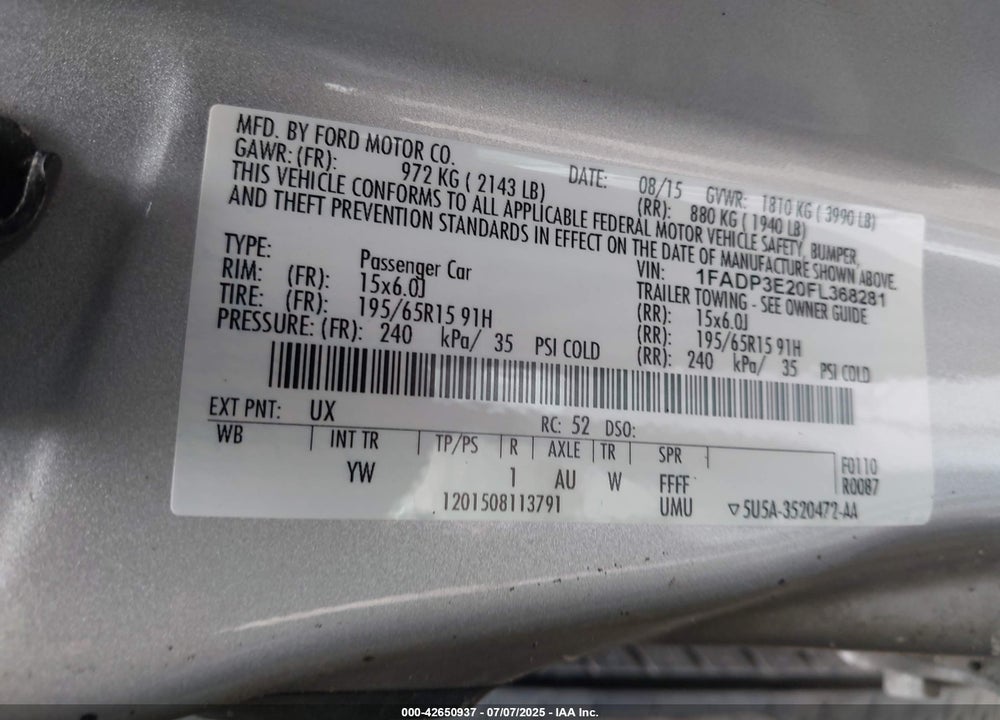 2015 FORD FOCUS VIN: 1FADP3E20FL368281