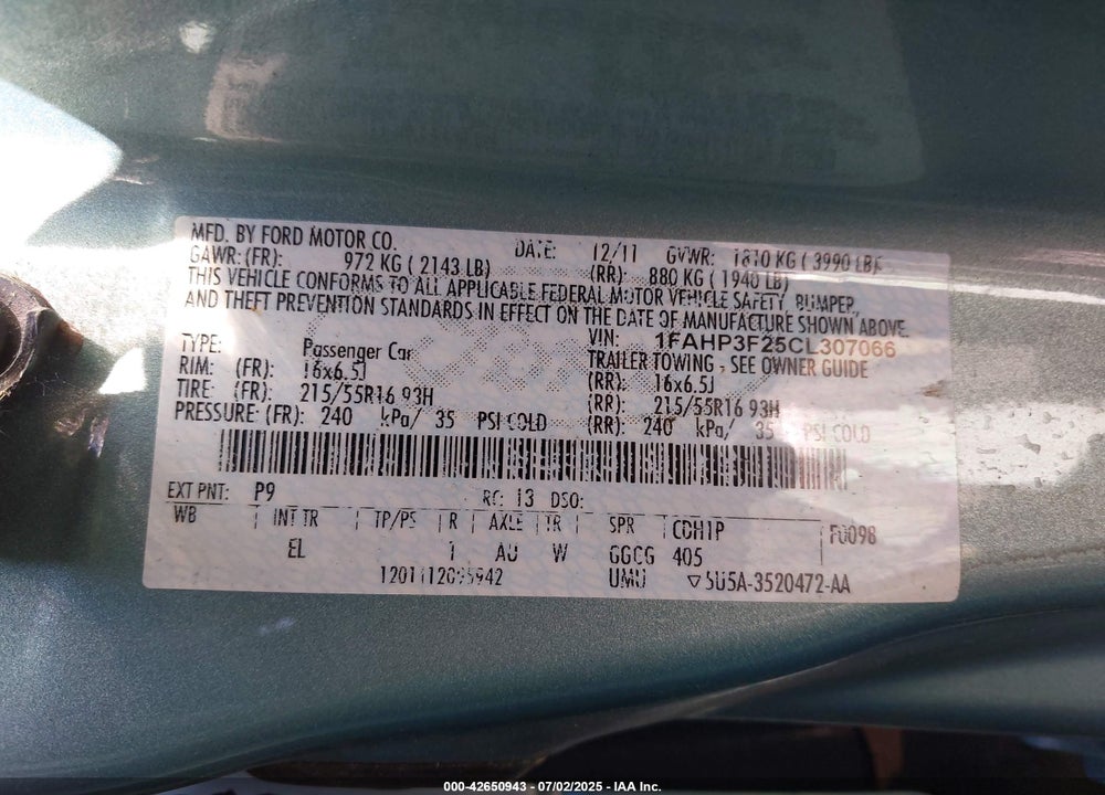 2012 FORD FOCUS SE VIN: 1FAHP3F25CL307066