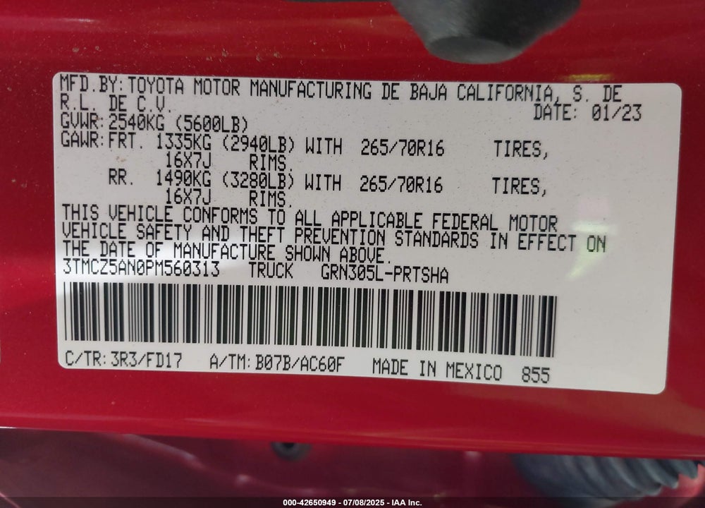 2023 TOYOTA TACOMA VIN: 3TMCZ5AN0PM560313