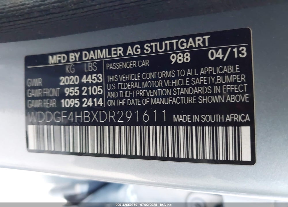 2013 MERCEDES-BENZ C CLASS VIN: WDDGF4HBXDR291611