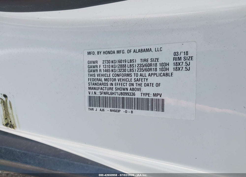 2018 HONDA ODYSSEY EX-L VIN: 5FNRL6H71JB099336