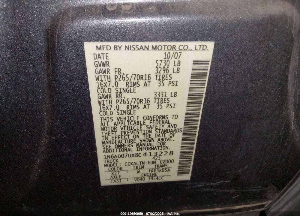 2008 NISSAN FRONTIER SE VIN: 1N6AD07UX8C413228