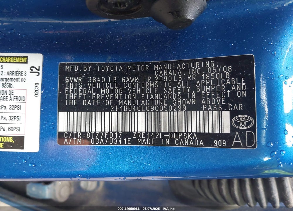 2009 TOYOTA COROLLA VIN: 2T1BU40E09C050299