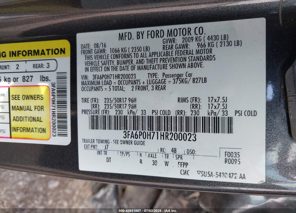 2017 FORD FUSION SE VIN: 3FA6P0H71HR200023
