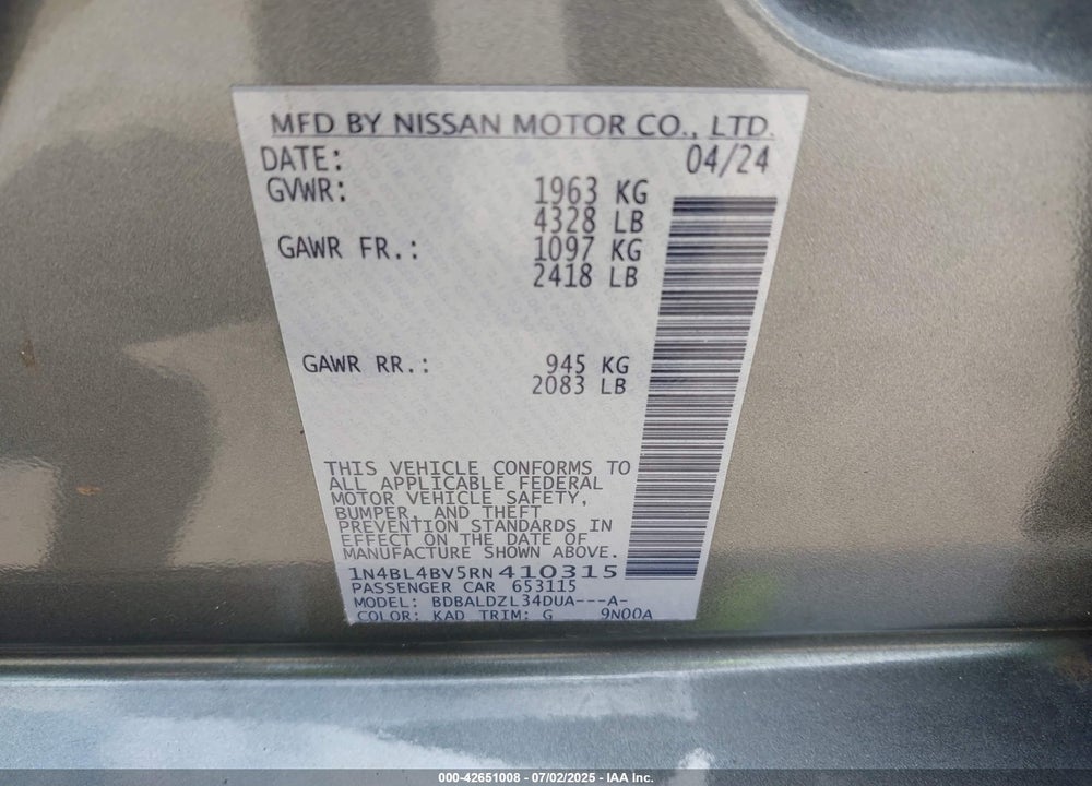 2024 NISSAN ALTIMA VIN: 1N4BL4BV5RN410315