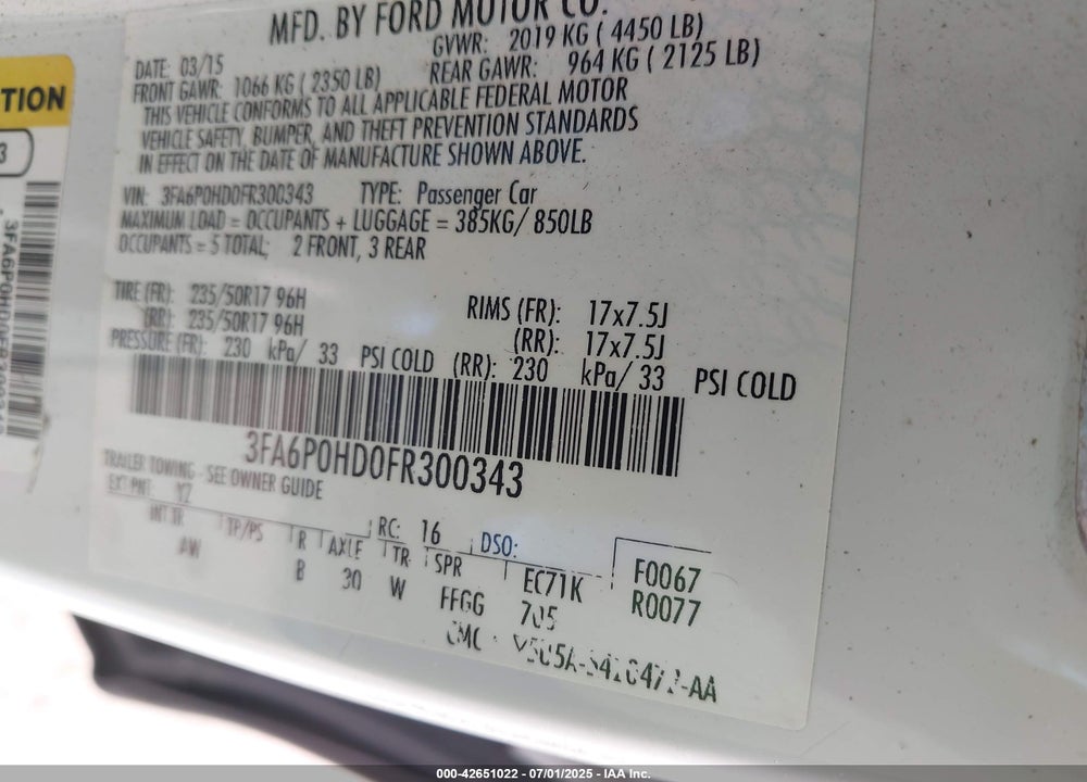 2015 FORD FUSION VIN: 3FA6P0HD0FR300343