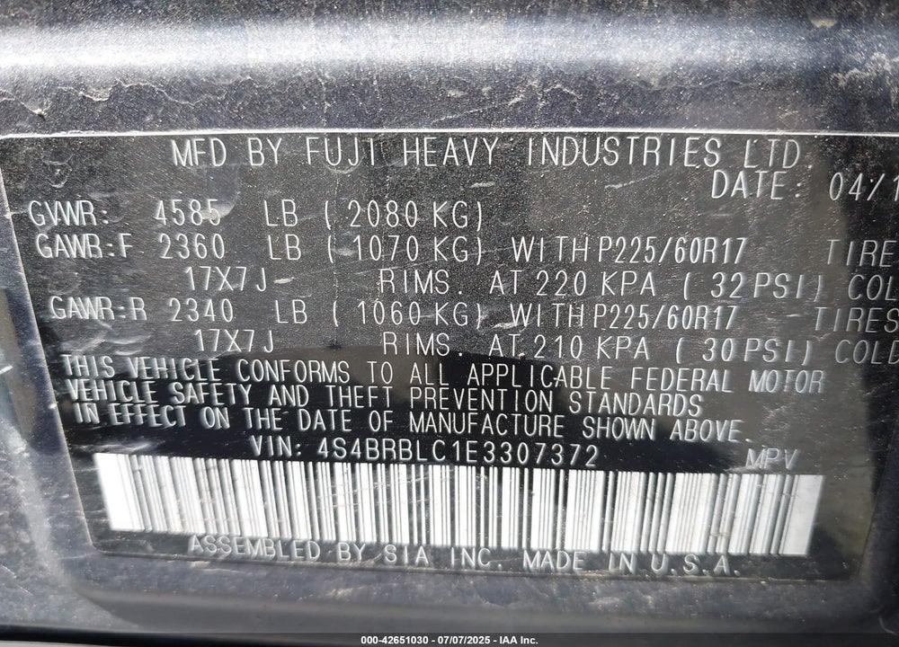 2014 SUBARU OUTBACK VIN: 4S4BRBLC1E3307372