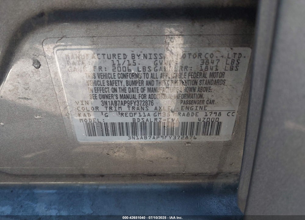 2015 NISSAN SENTRA SR VIN: 3N1AB7AP9FY372876