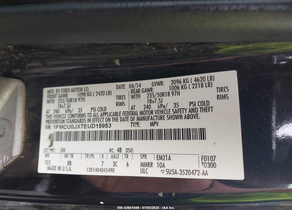 2014 FORD ESCAPE VIN: 1FMCU0JX7EUD15953