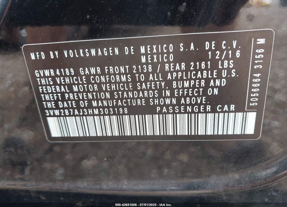 2017 VOLKSWAGEN JETTA VIN: 3VW2B7AJ3HM303198