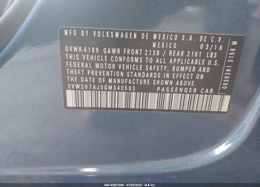 2016 VOLKSWAGEN JETTA VIN: 3VW267AJ3GM340593