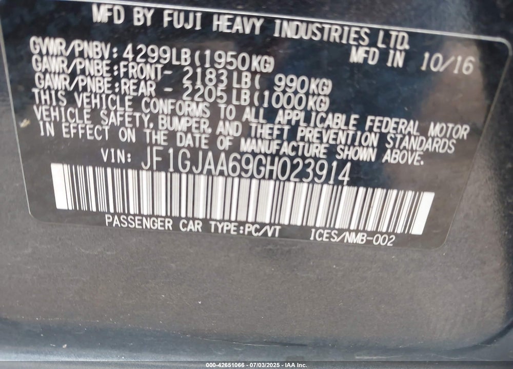 2016 SUBARU IMPREZA VIN: JF1GJAA69GH023914