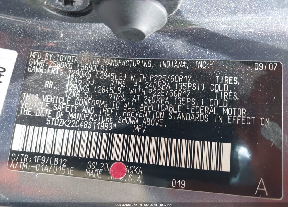 2008 TOYOTA SIENNA LIMITED VIN: 5TDZK22C48S119831