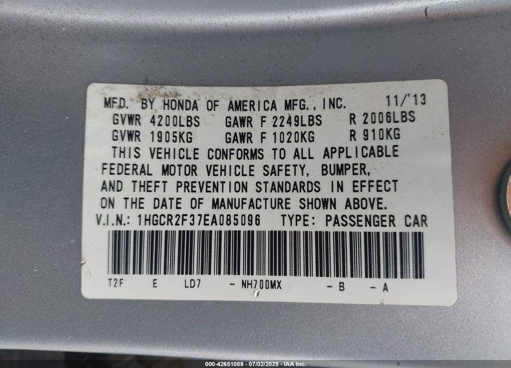 2014 HONDA ACCORD LX VIN: 1HGCR2F37EA085096