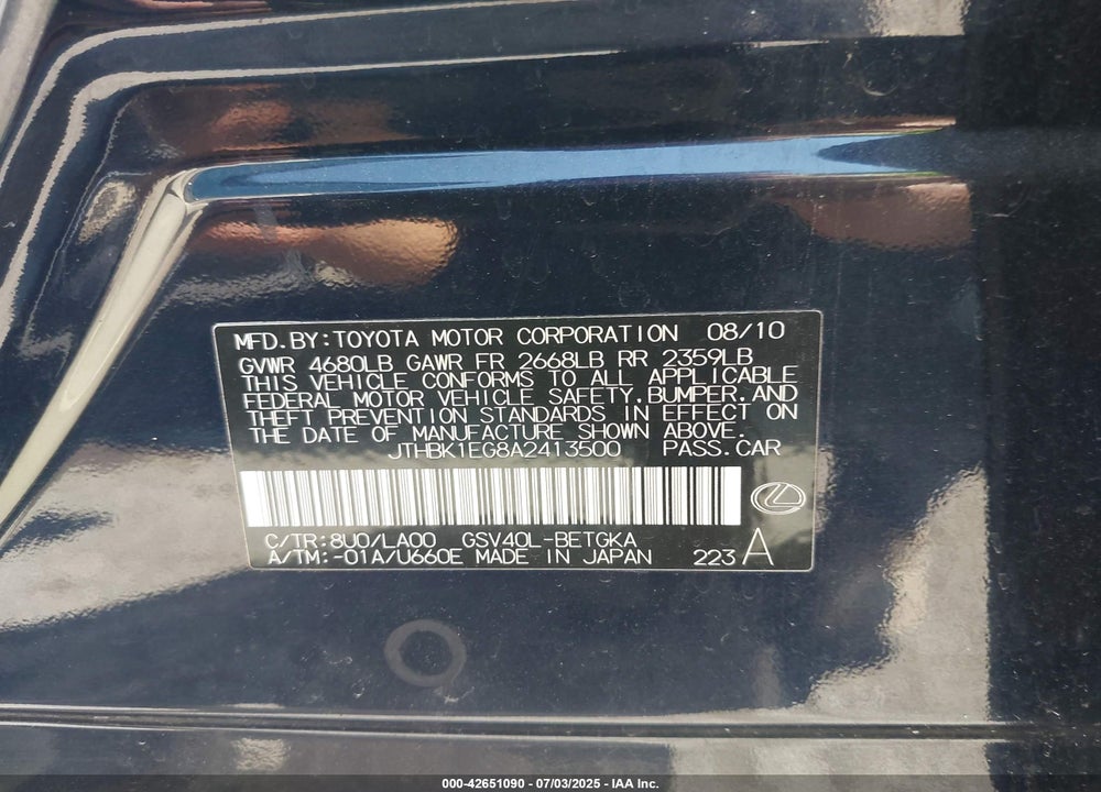 2010 LEXUS ES350 VIN: JTHBK1EG8A2413500
