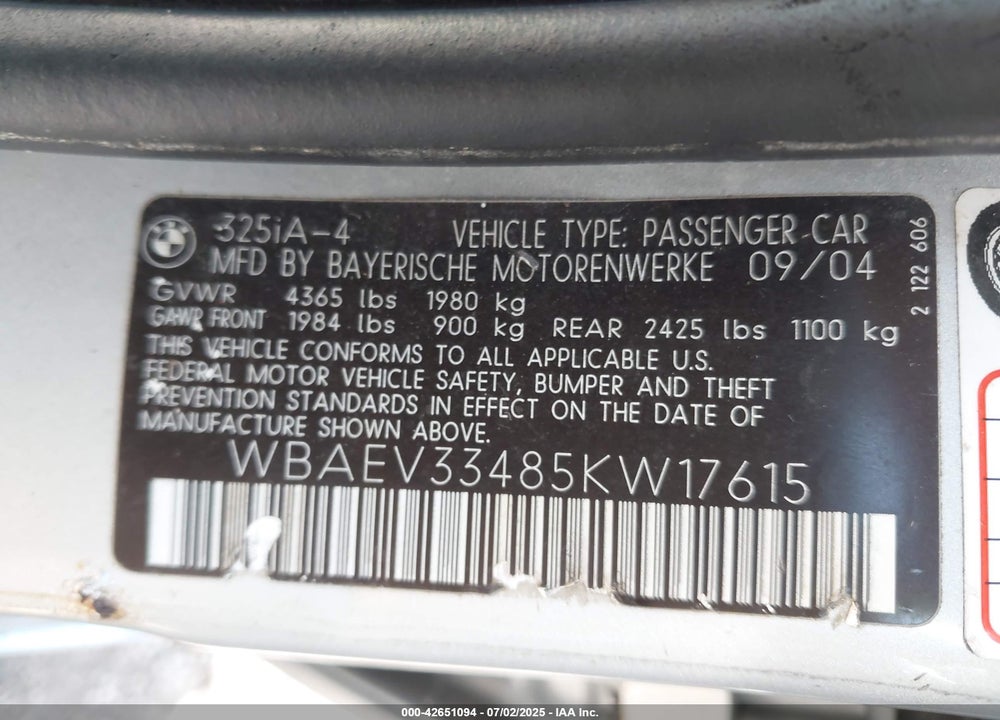 2005 BMW 325I VIN: WBAEV33485KW17615