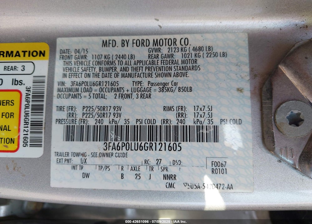 2016 FORD FUSION HYBRID VIN: 3FA6P0LU6GR121605