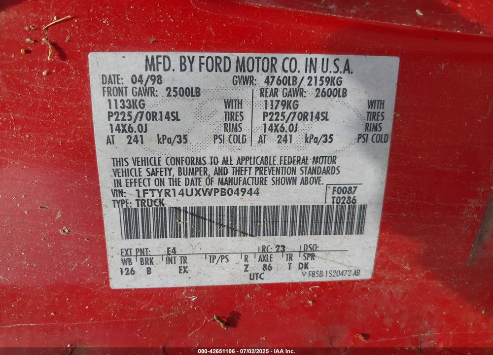 1998 FORD RANGER SPLASH/XL/XLT VIN: 1FTYR14UXWPB04944
