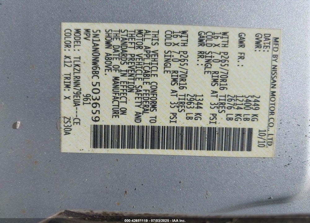 2011 NISSAN XTERRA VIN: 5N1AN0NW6BC503659