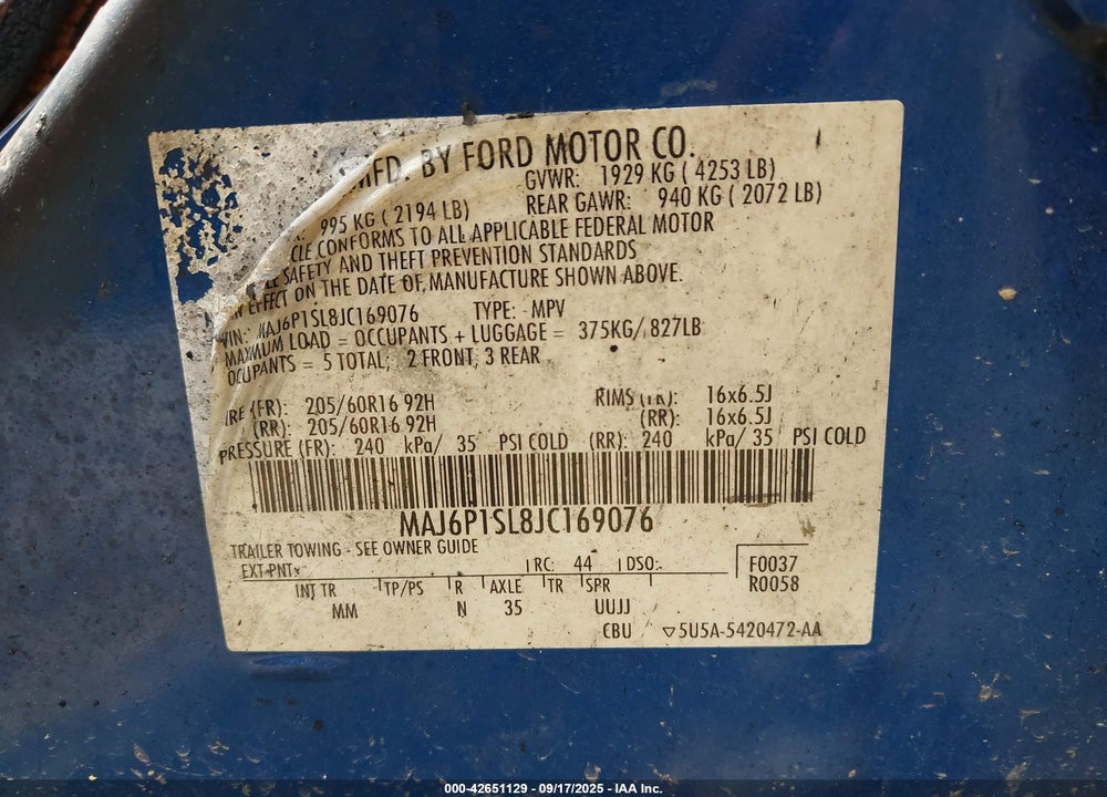 2018 FORD ECOSPORT VIN: MAJ6P1SL8JC169076