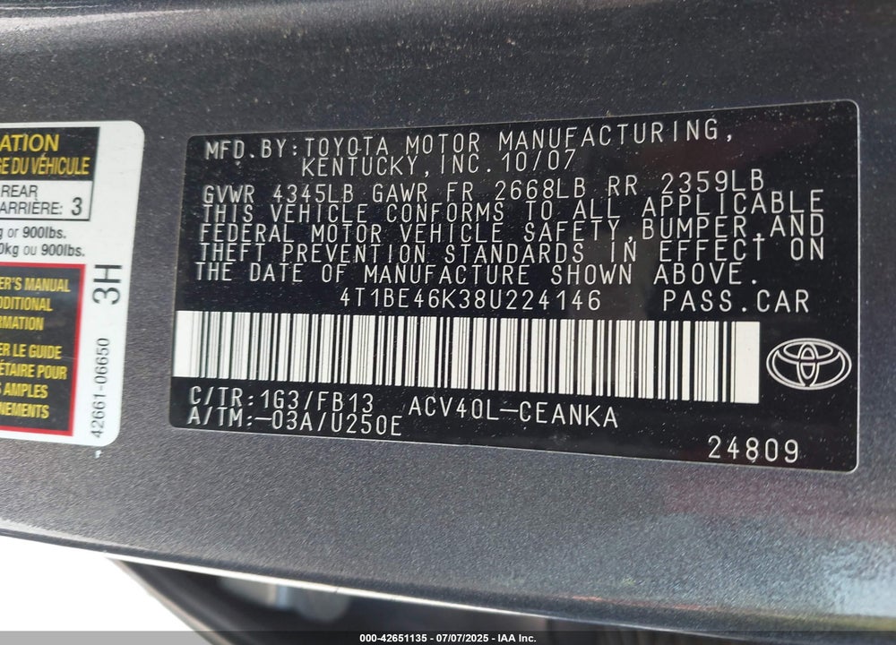 2008 TOYOTA CAMRY VIN: 4T1BE46K38U224146