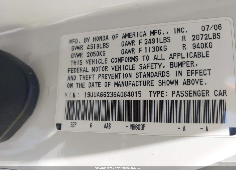 2006 ACURA TL VIN: 19UUA66236A064015