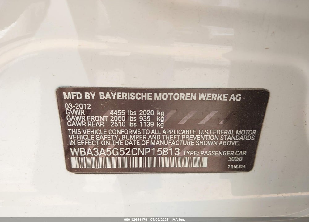 2012 BMW 3 SERIES VIN: WBA3A5G52CNP15813